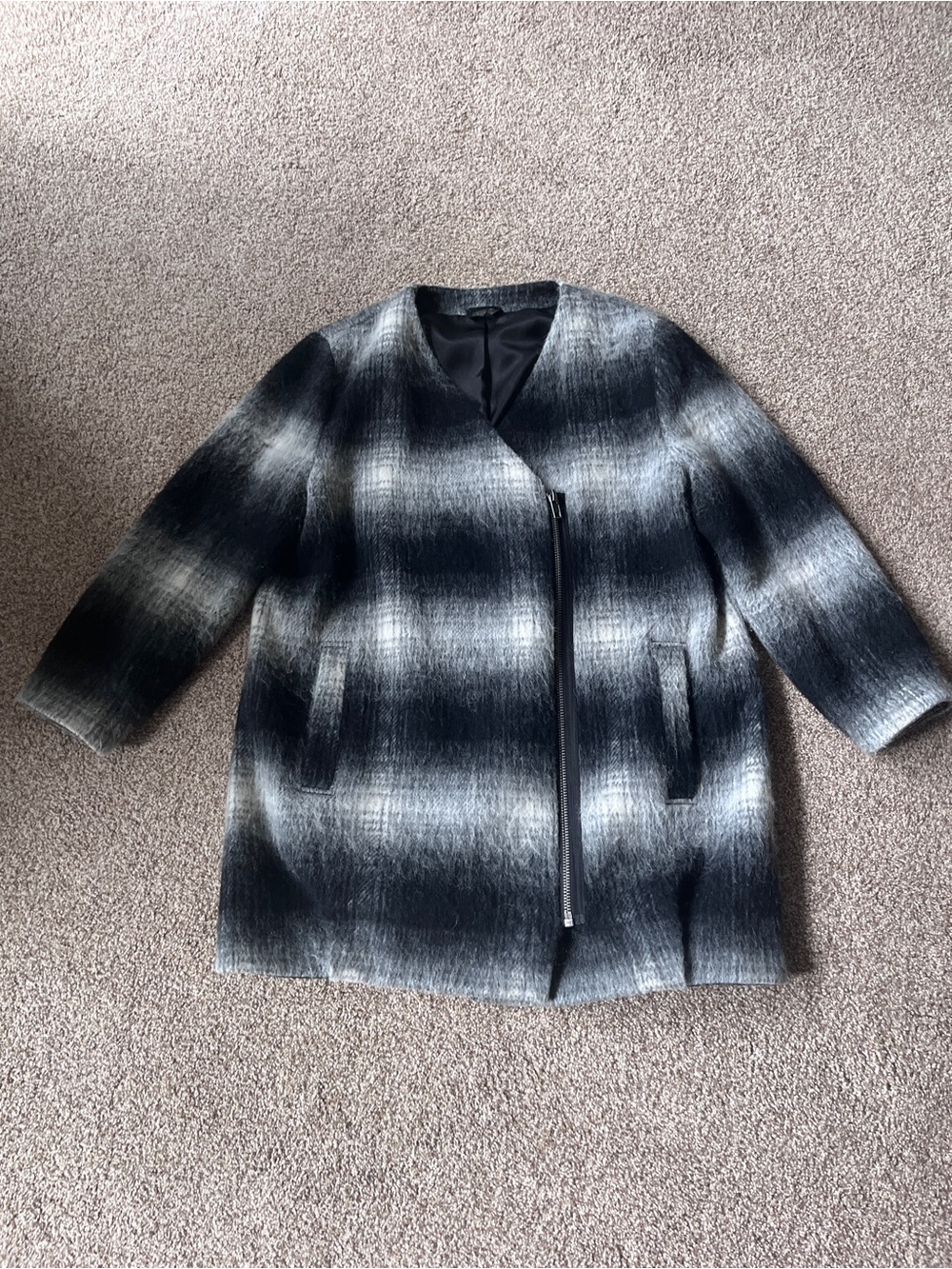 Topshop Ombre Black & Gray Asymmetrical Zip Wool Pea Coat